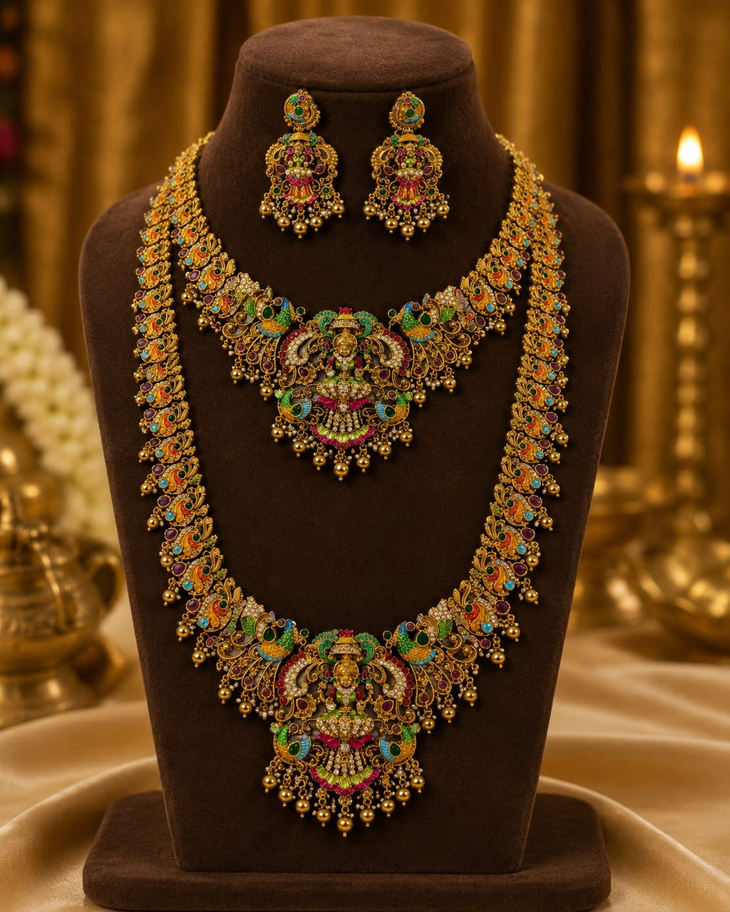 Temple Lakshmi Long Haaram and Short Necklace Combo Set – 1 Gram Gold Plated