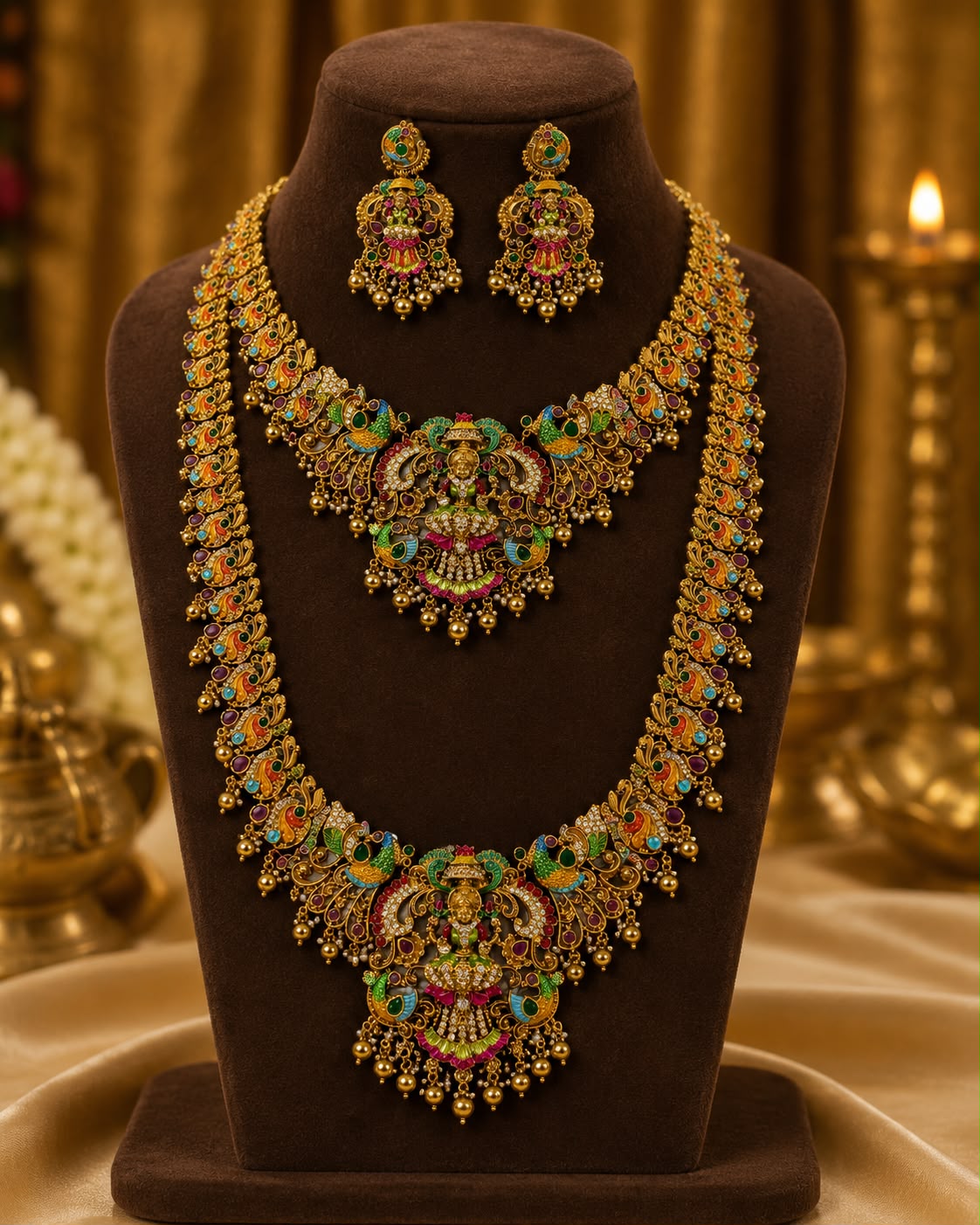 Temple Lakshmi Long Haaram and Short Necklace Combo Set – 1 Gram Gold Plated