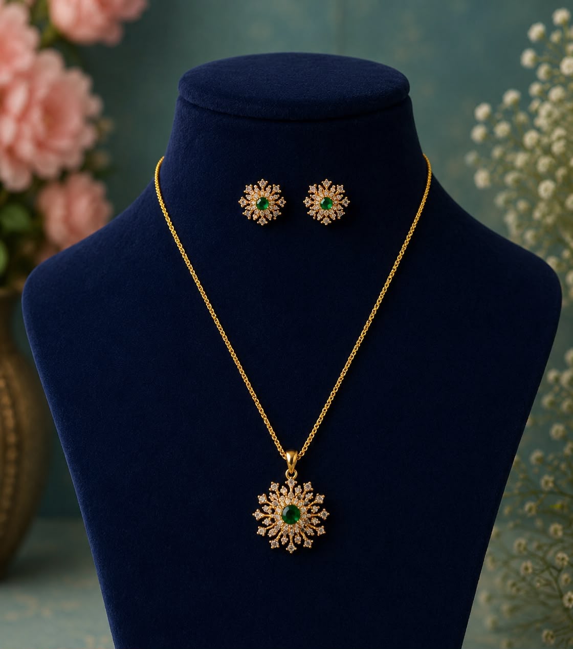 Emerald Floral Pendant Necklace Set