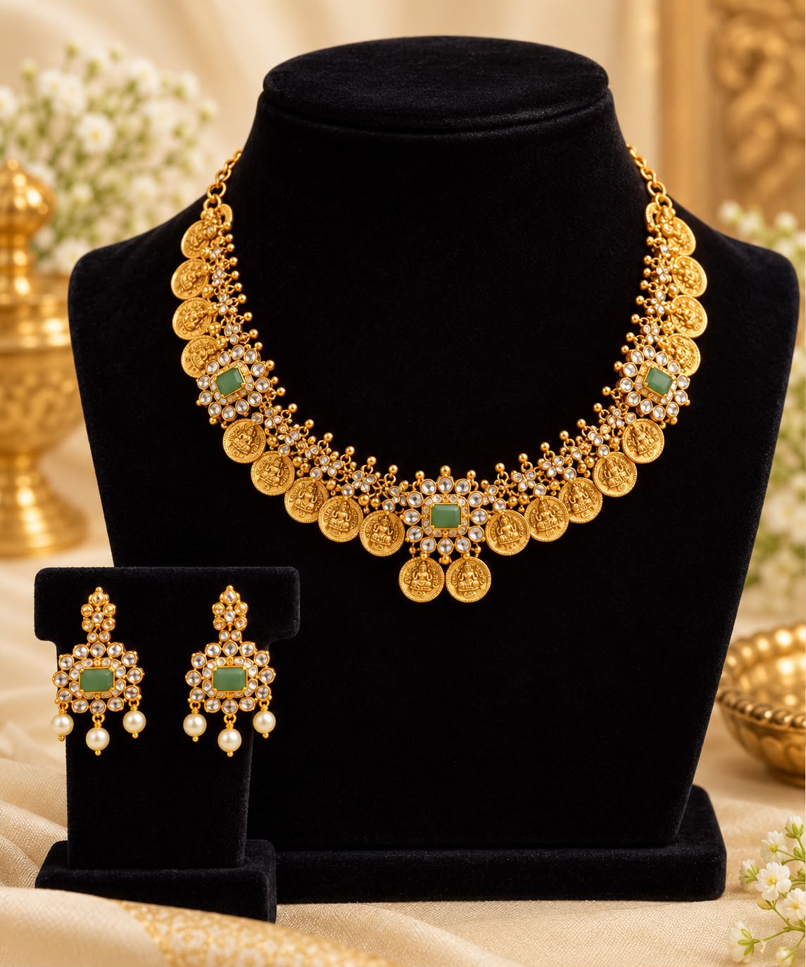 Traditional Lakshmi Kaasulaperu Set with Green Stones_NB_NS_94