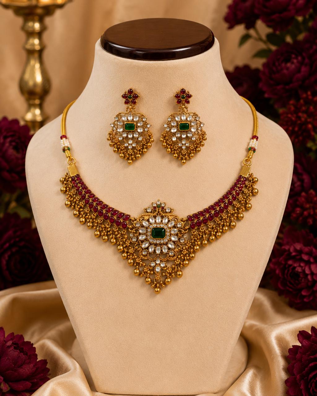 Traditional Kundan Choker Set with Ruby & Emerald Accents