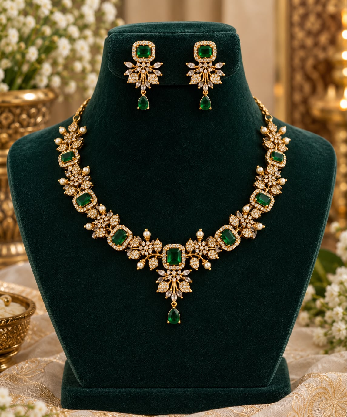 Emerald Floral Pendant Necklace Set_NB_NS_75