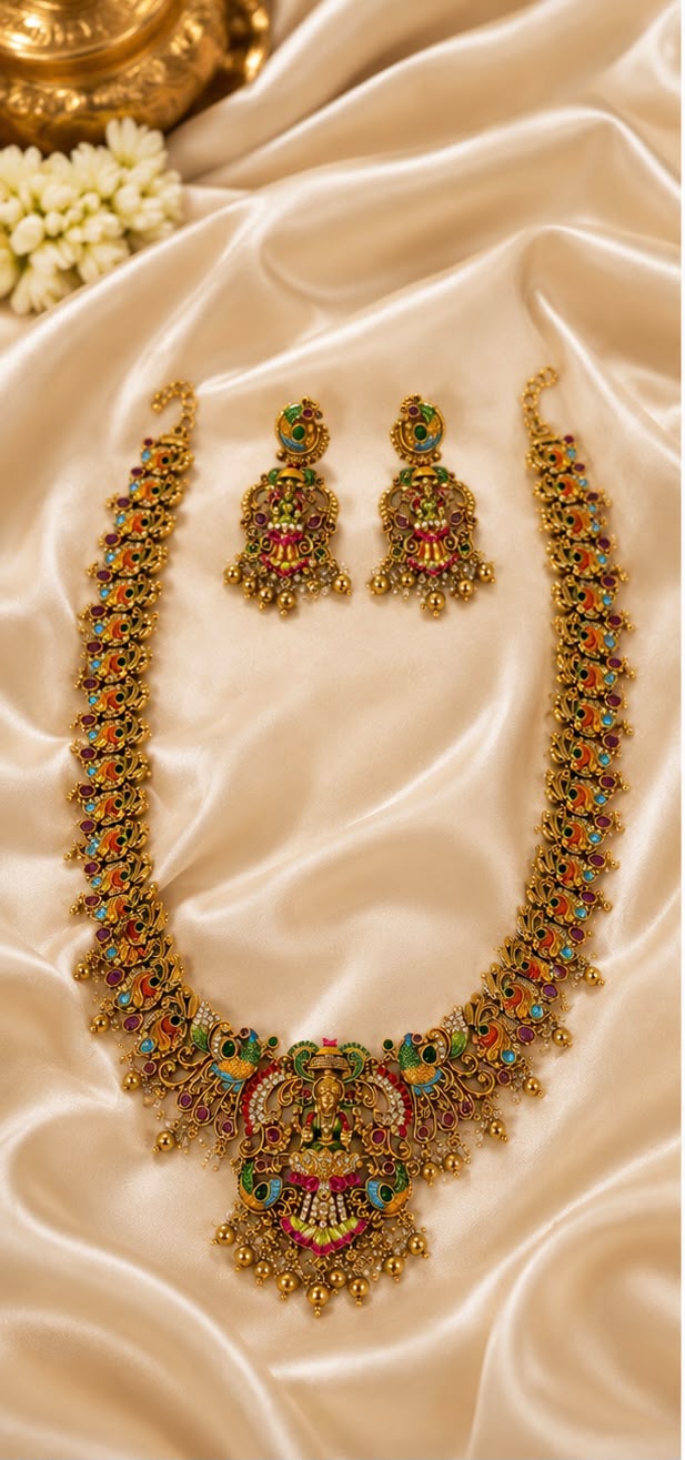 Temple Lakshmi Long Haaram and Short Necklace Combo Set – 1 Gram Gold Plated