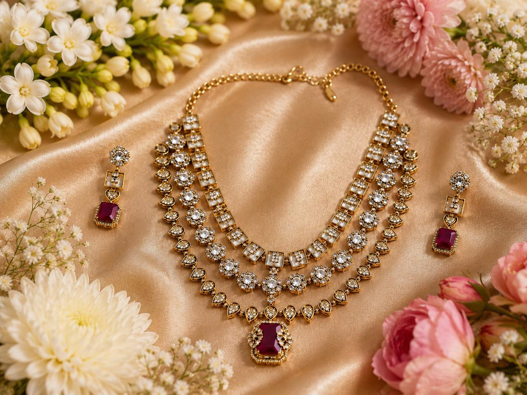 Elegant Ruby & CZ Layered Necklace Set