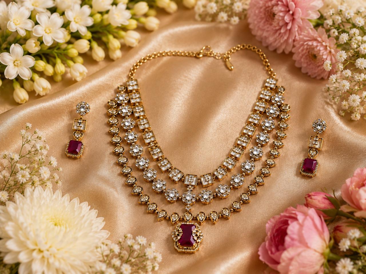 Elegant Ruby & CZ Layered Necklace Set