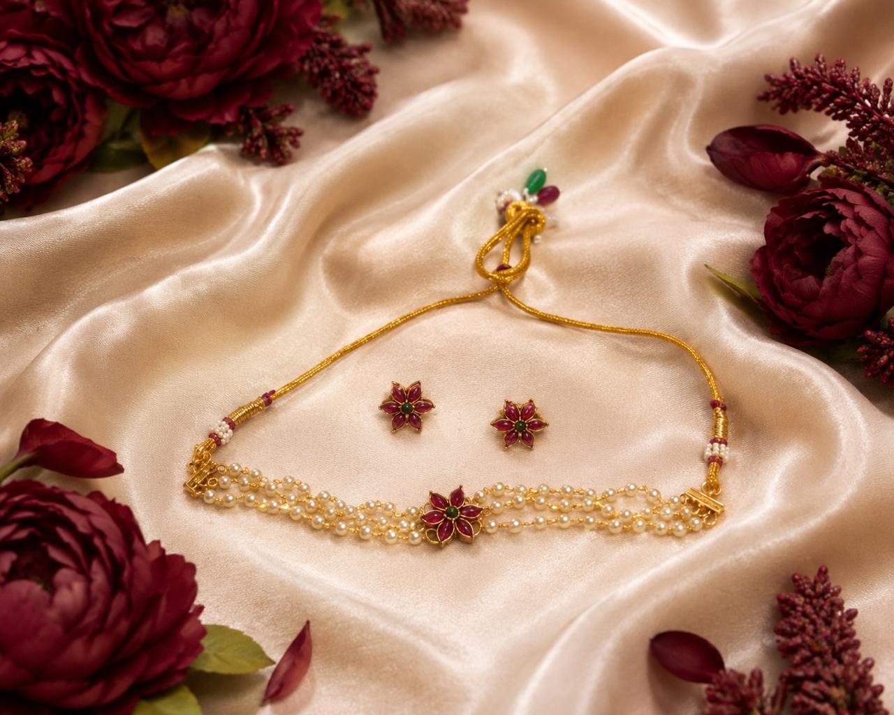 Elegant Temple-Inspired Pearl Choker Set