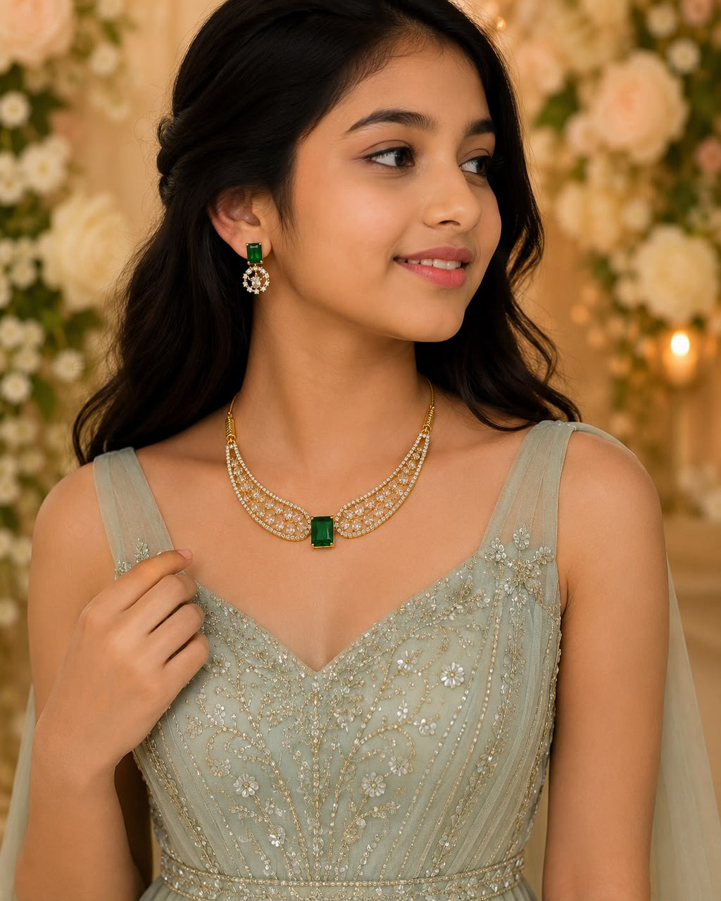 Emerald Green AD Necklace Set for teens