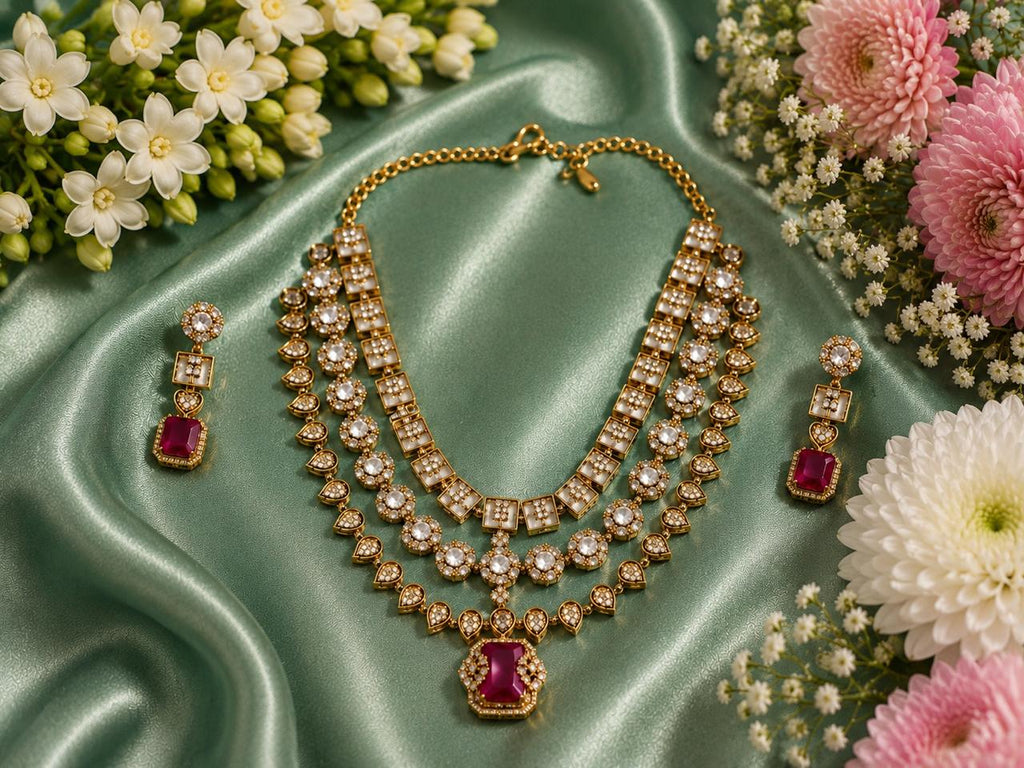 Elegant Ruby & CZ Layered Necklace Set