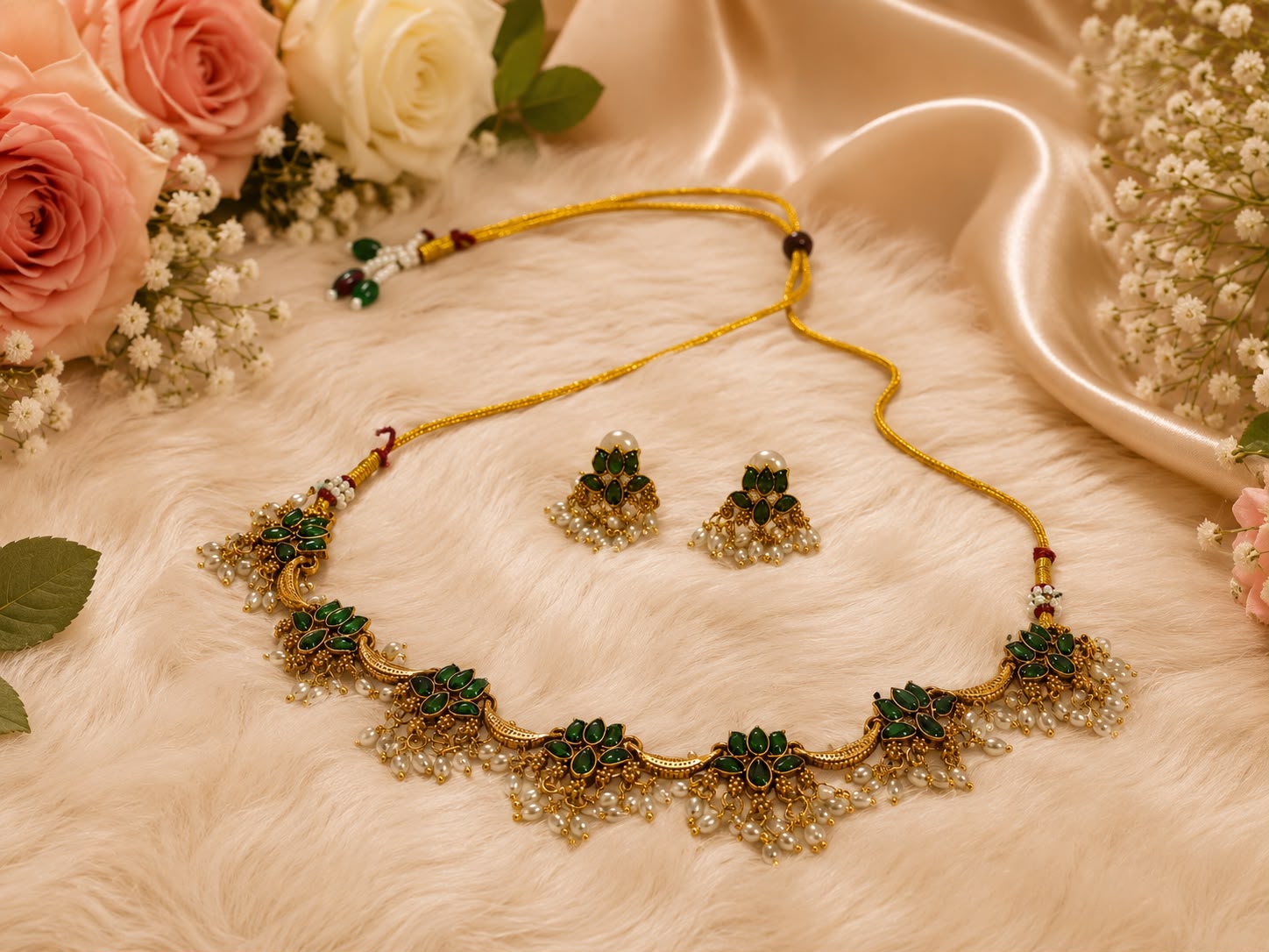 Elegant Green Stone Necklace and Earrings Set
