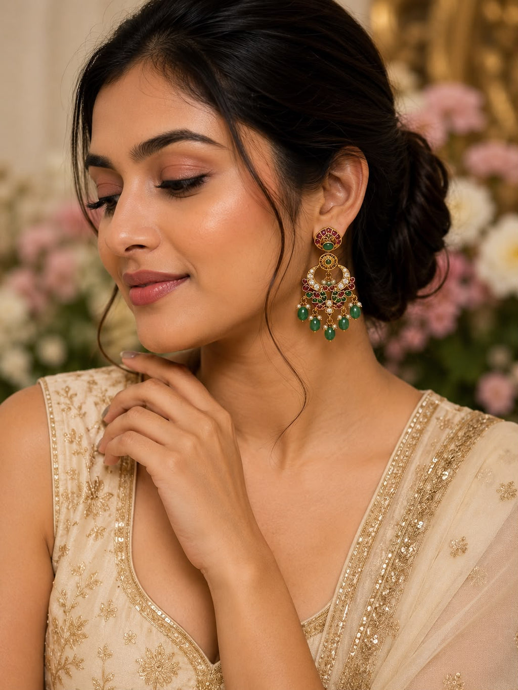Traditional Ruby and Green Beaded Chandbali Earrings_1