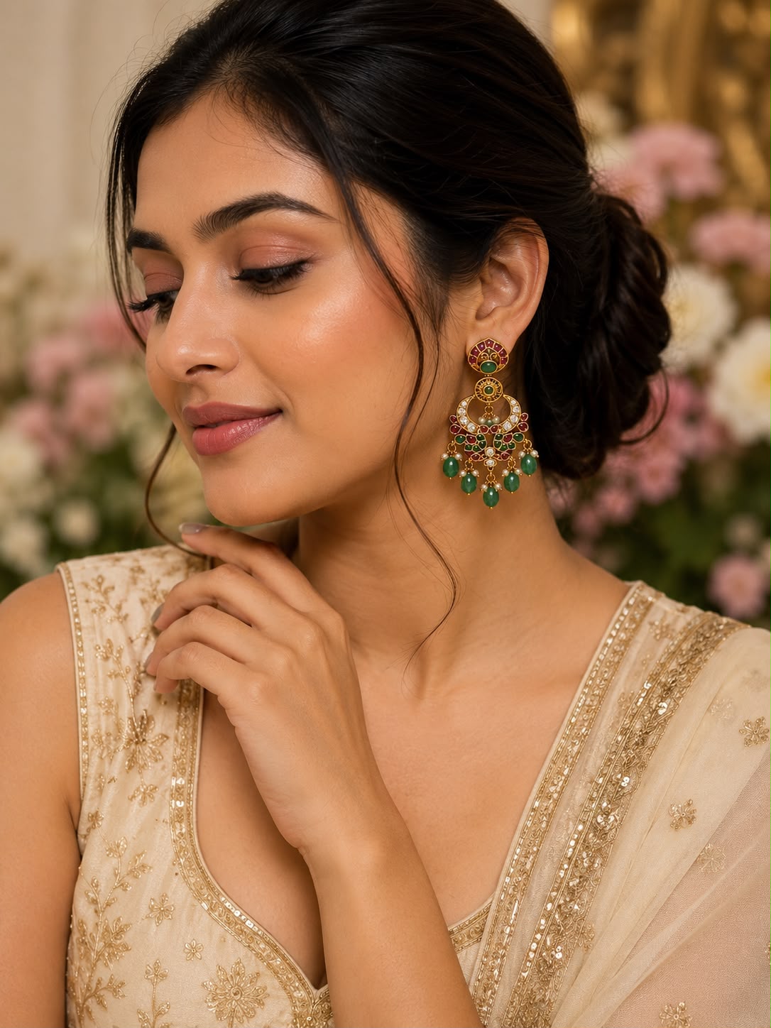 Traditional Ruby and Green Beaded Chandbali Earrings_1