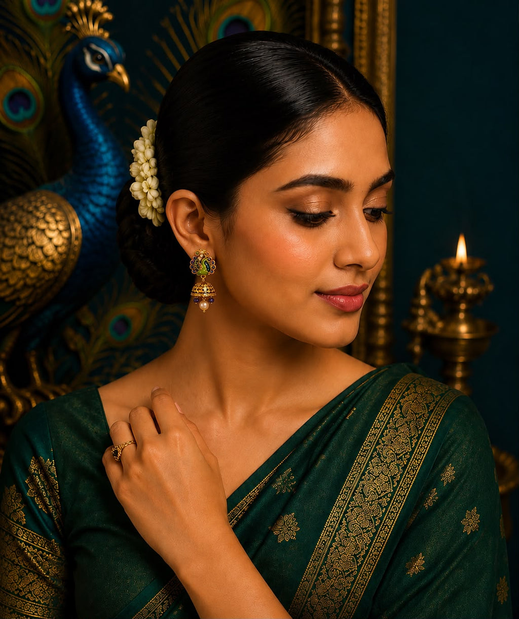 Peacock Enamel Jhumka Earrings