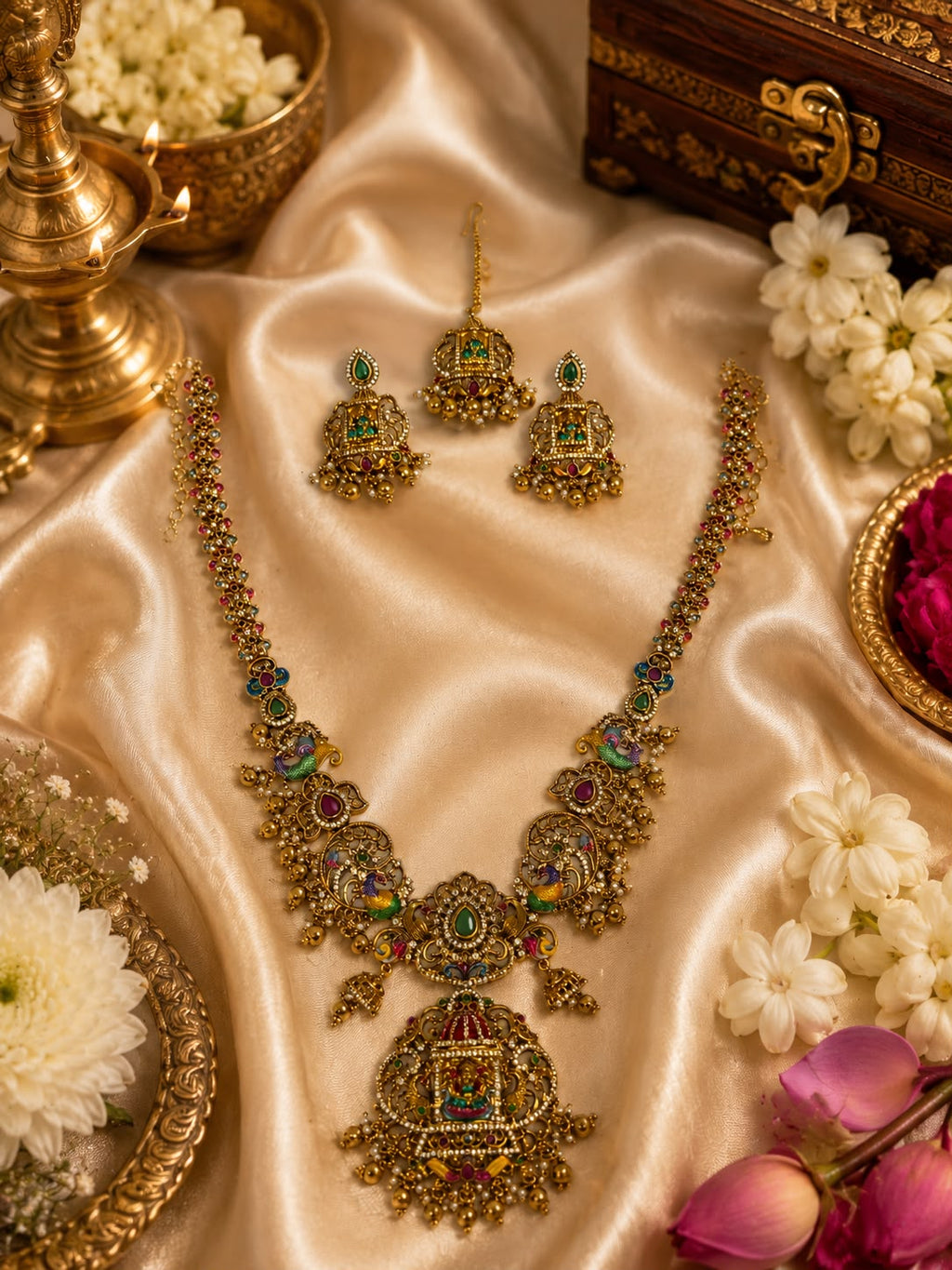 Traditional Lakshmi Peacock Combo Necklace Set with Papadi billa