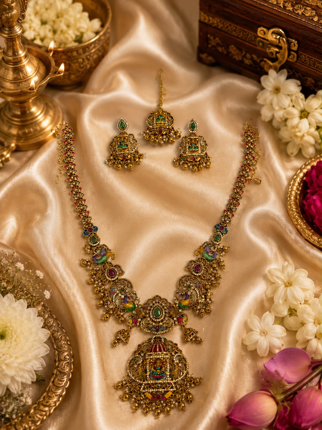 Traditional Lakshmi Peacock Combo Necklace Set with Papadi billa