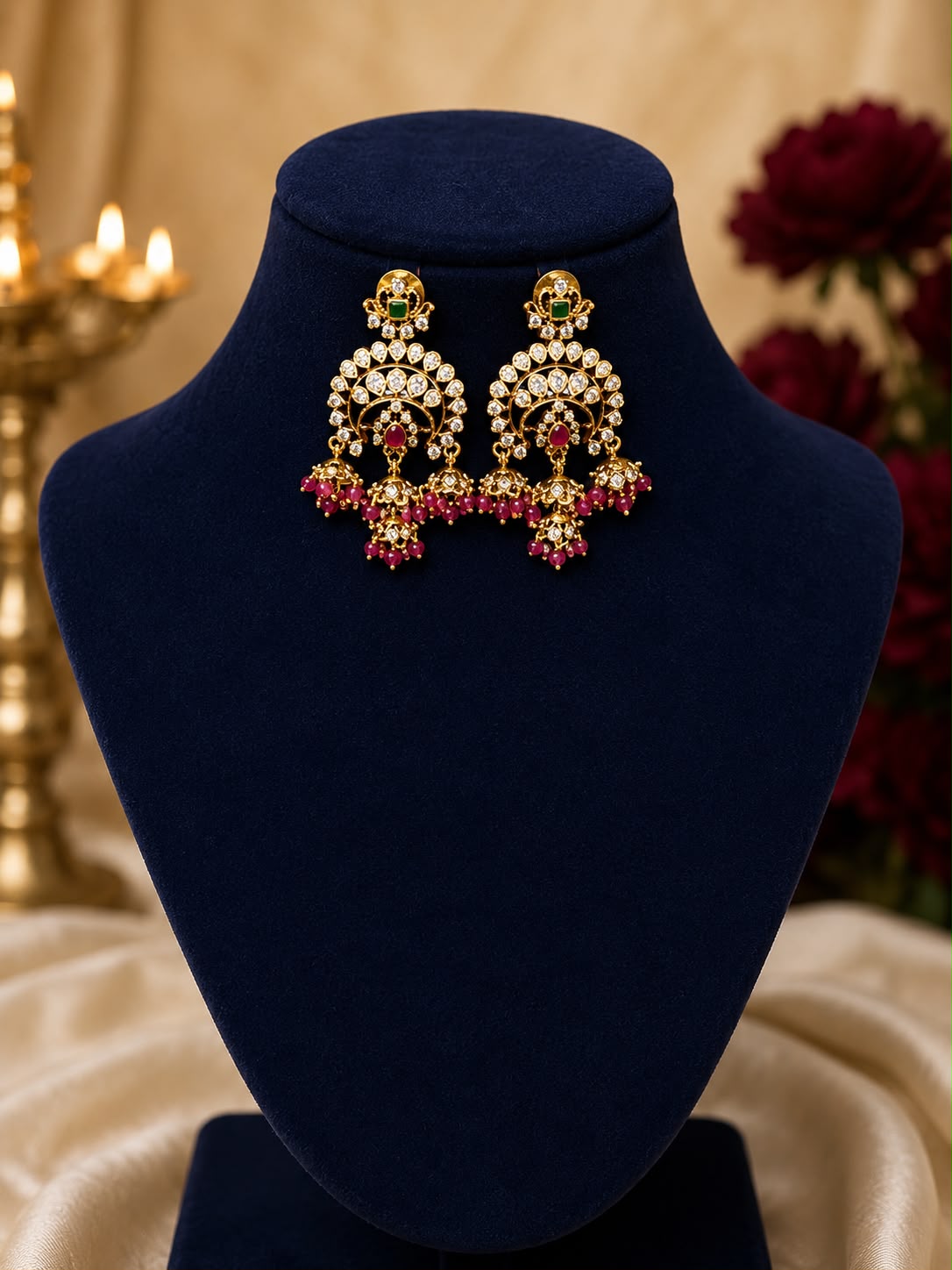 Gold-finish chandelier with maroon beads earrings