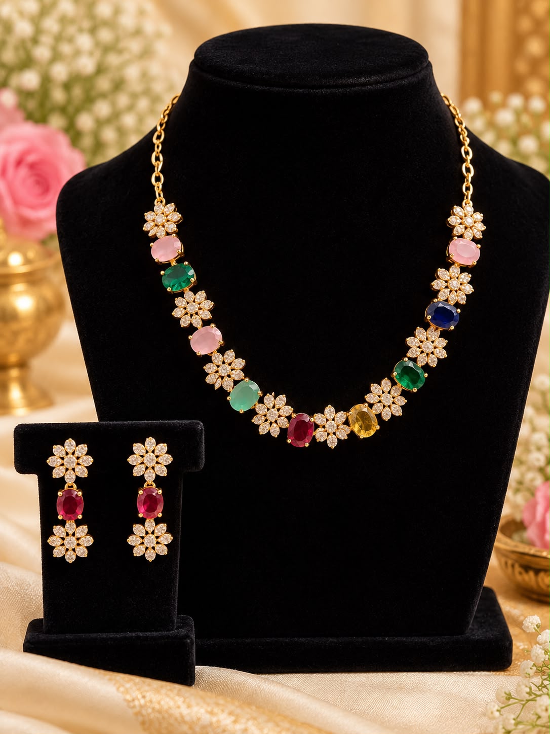 Panchaloham Floral Gold-Tone Necklace Set-NB_NS_96
