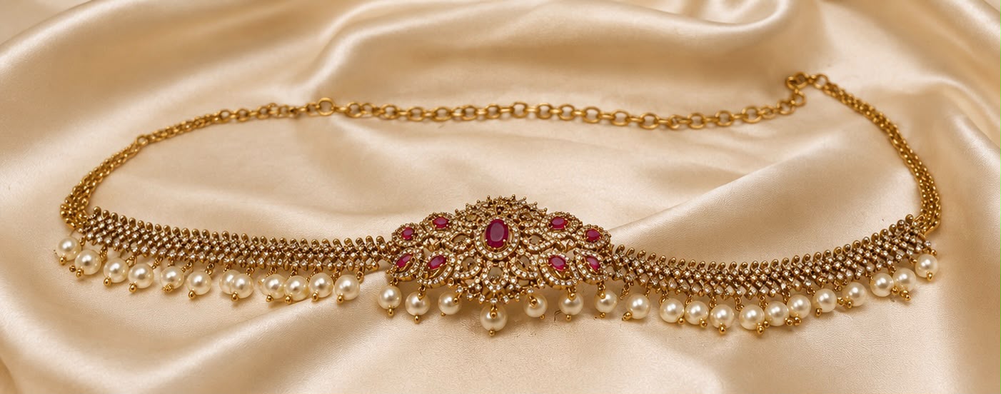 Royal Pearl & Ruby Waist Belt (Vaddanam)