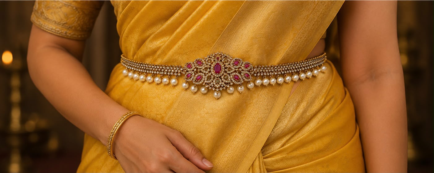 Royal Pearl & Ruby Waist Belt (Vaddanam)