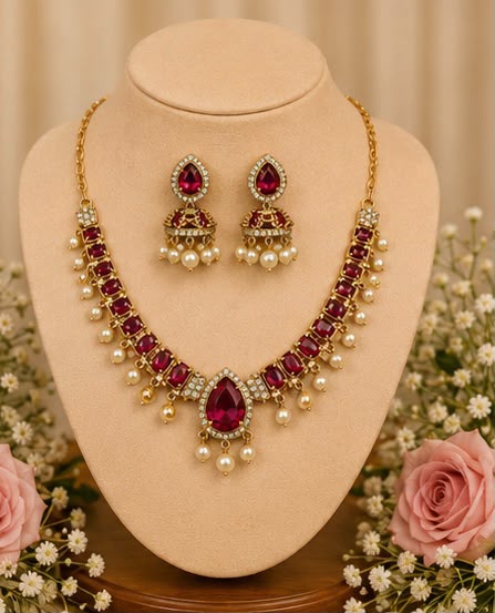 Royal Ruby & Pearl Necklace Set