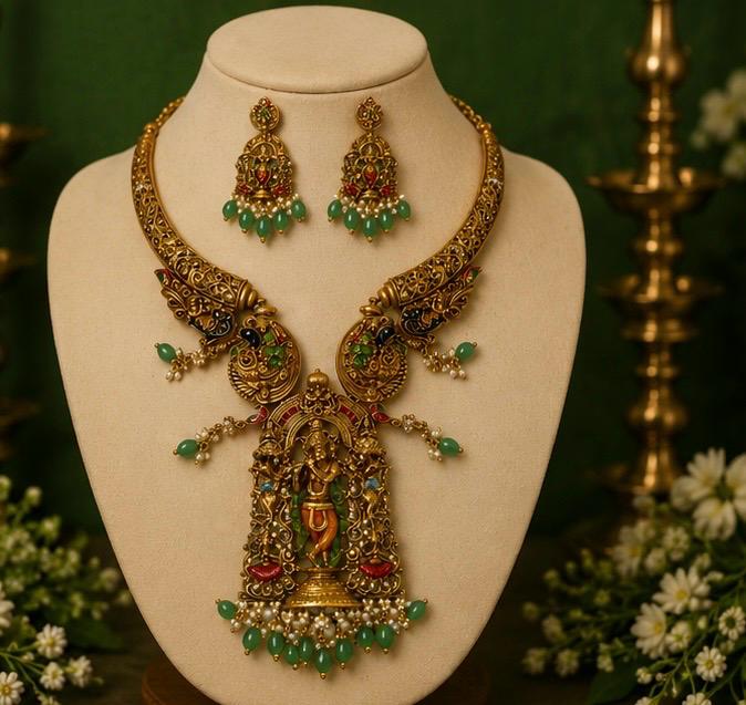 Radha Krishna Temple Pendant Necklace Set