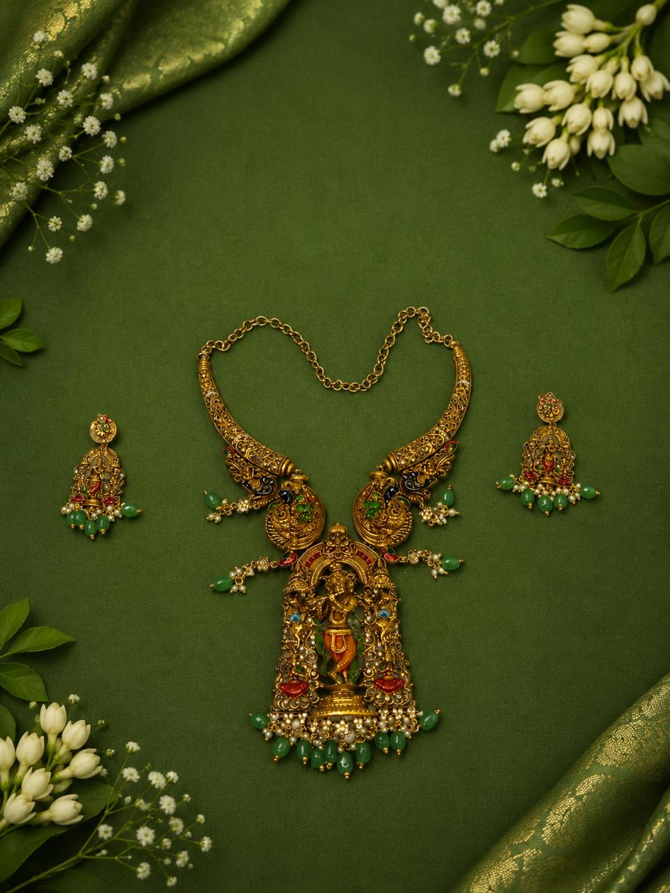 Radha Krishna Temple Pendant Necklace Set