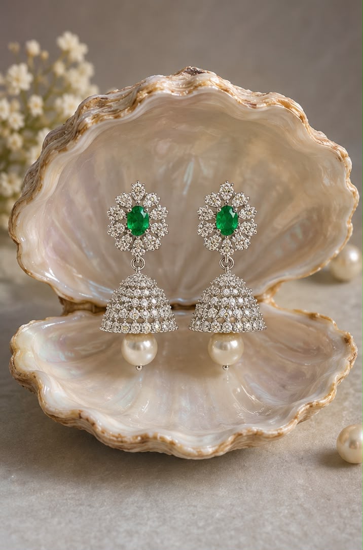 Emerald Pearl Jhumka Earrings
