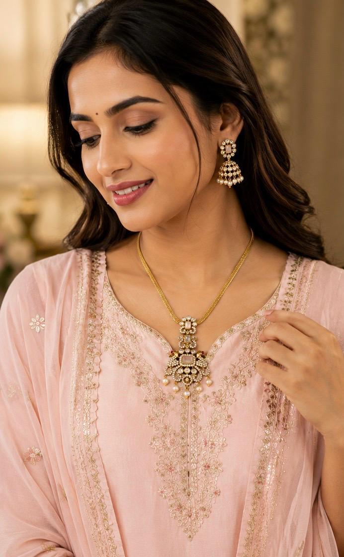 Elegant CZ Jhumka Earrings – Blush Pink Stone & Pearl Drops