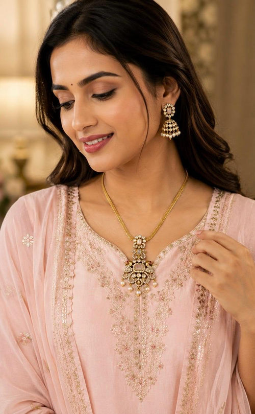 Elegant CZ Jhumka Earrings – Blush Pink Stone & Pearl Drops