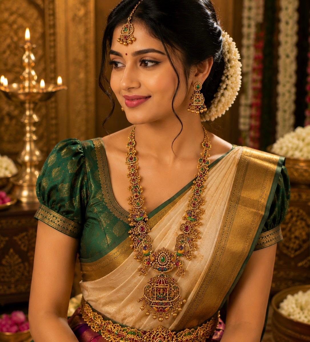 Traditional Lakshmi Peacock Combo Necklace Set with Papadi billa