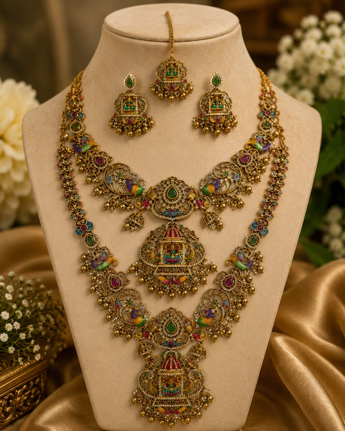 Traditional Lakshmi Peacock Combo Necklace Set with Papadi billa