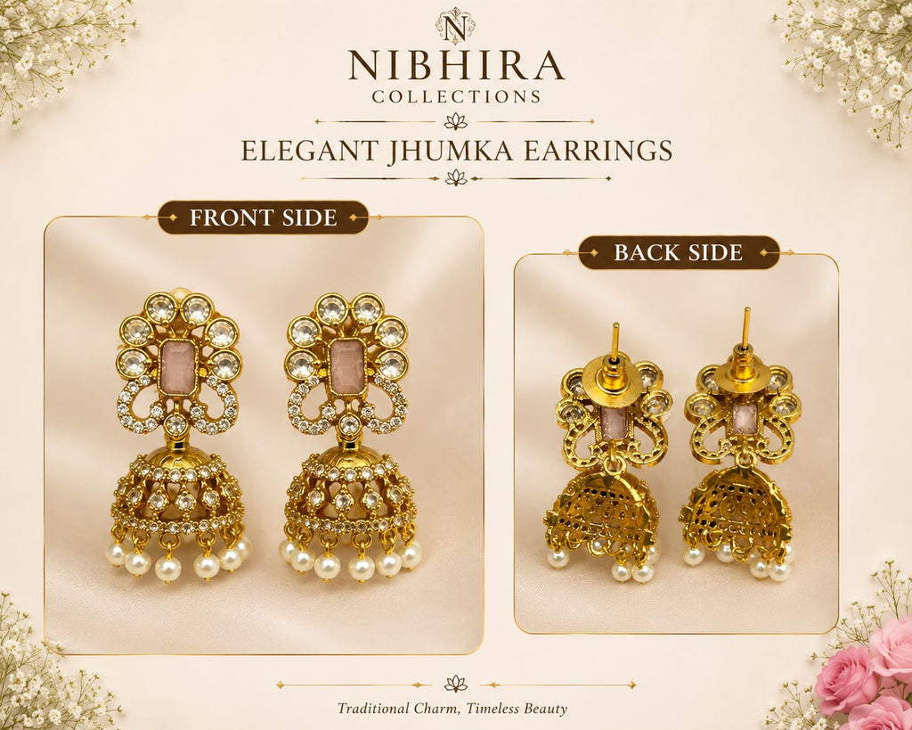 Elegant CZ Jhumka Earrings – Blush Pink Stone & Pearl Drops