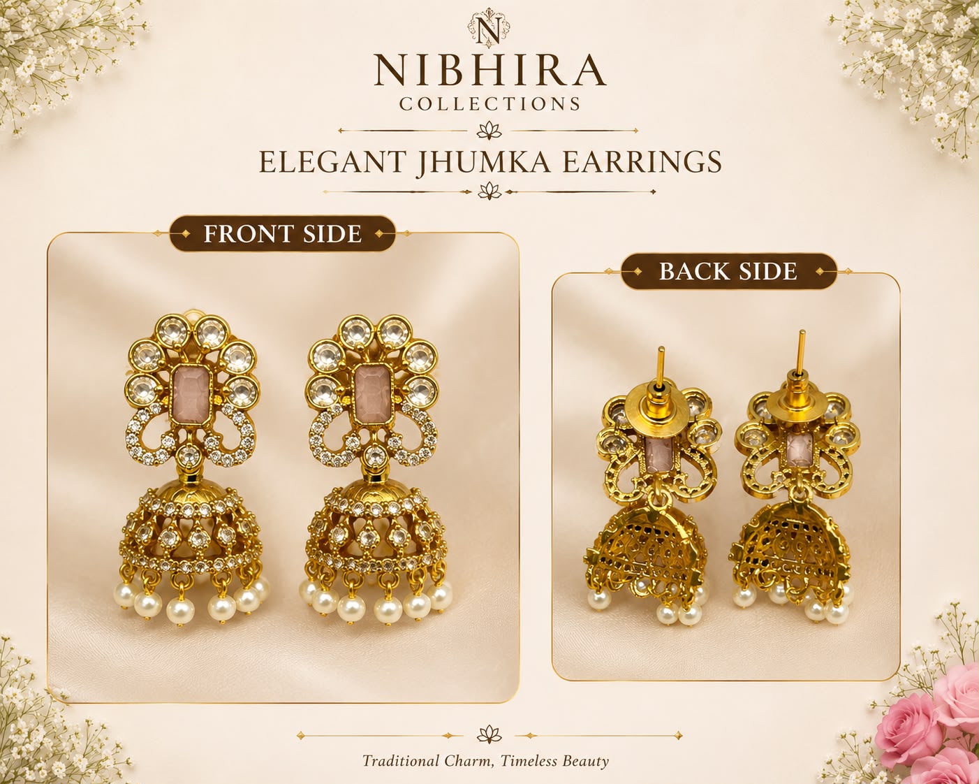 Elegant CZ Jhumka Earrings – Blush Pink Stone & Pearl Drops