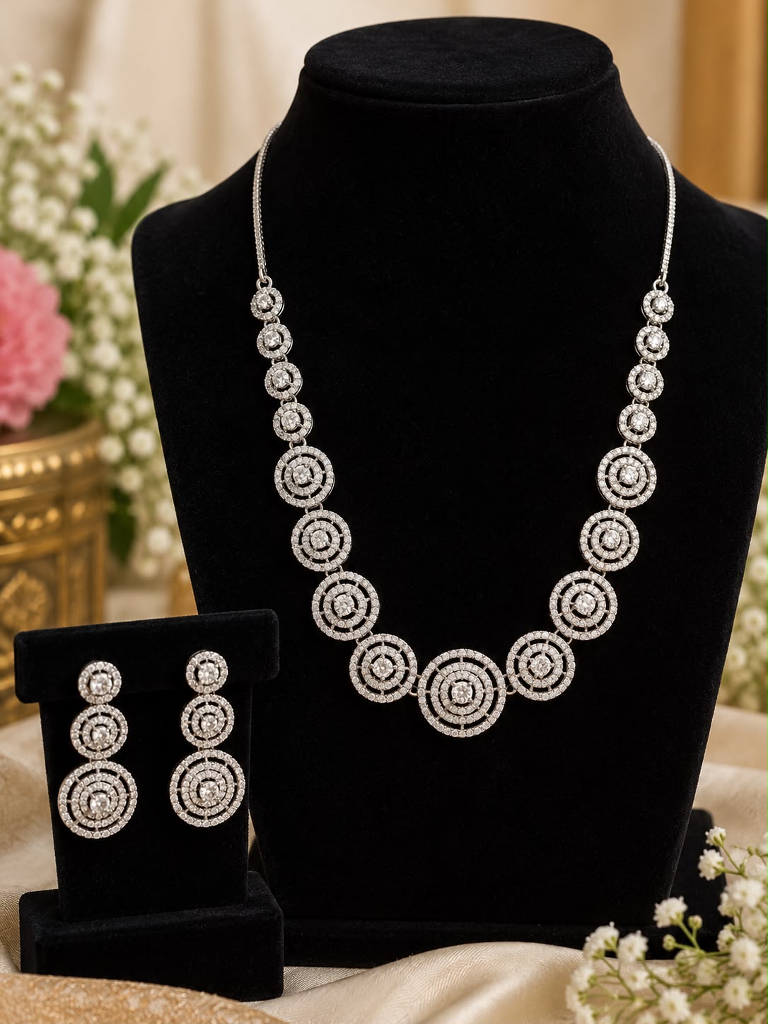 Elegant Silver-Tone Circular CZ Necklace Set-NB_NS_104