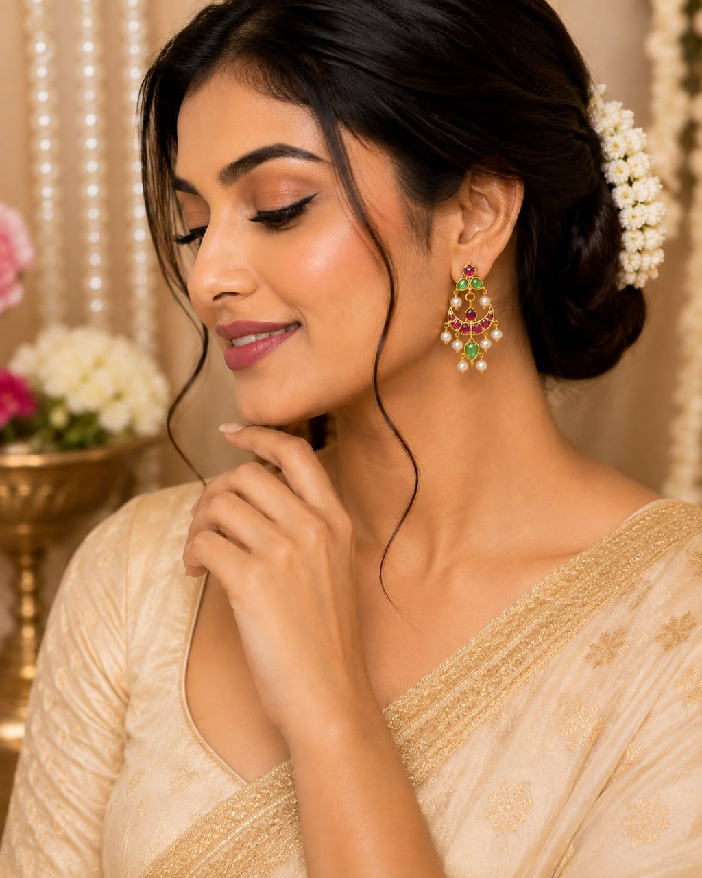 Ruby & Emerald Pearl Drop Earrings