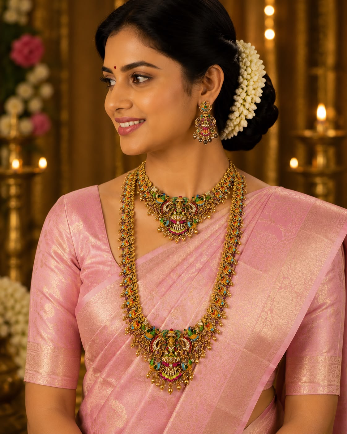 Temple Lakshmi Long Haaram and Short Necklace Combo Set – 1 Gram Gold Plated