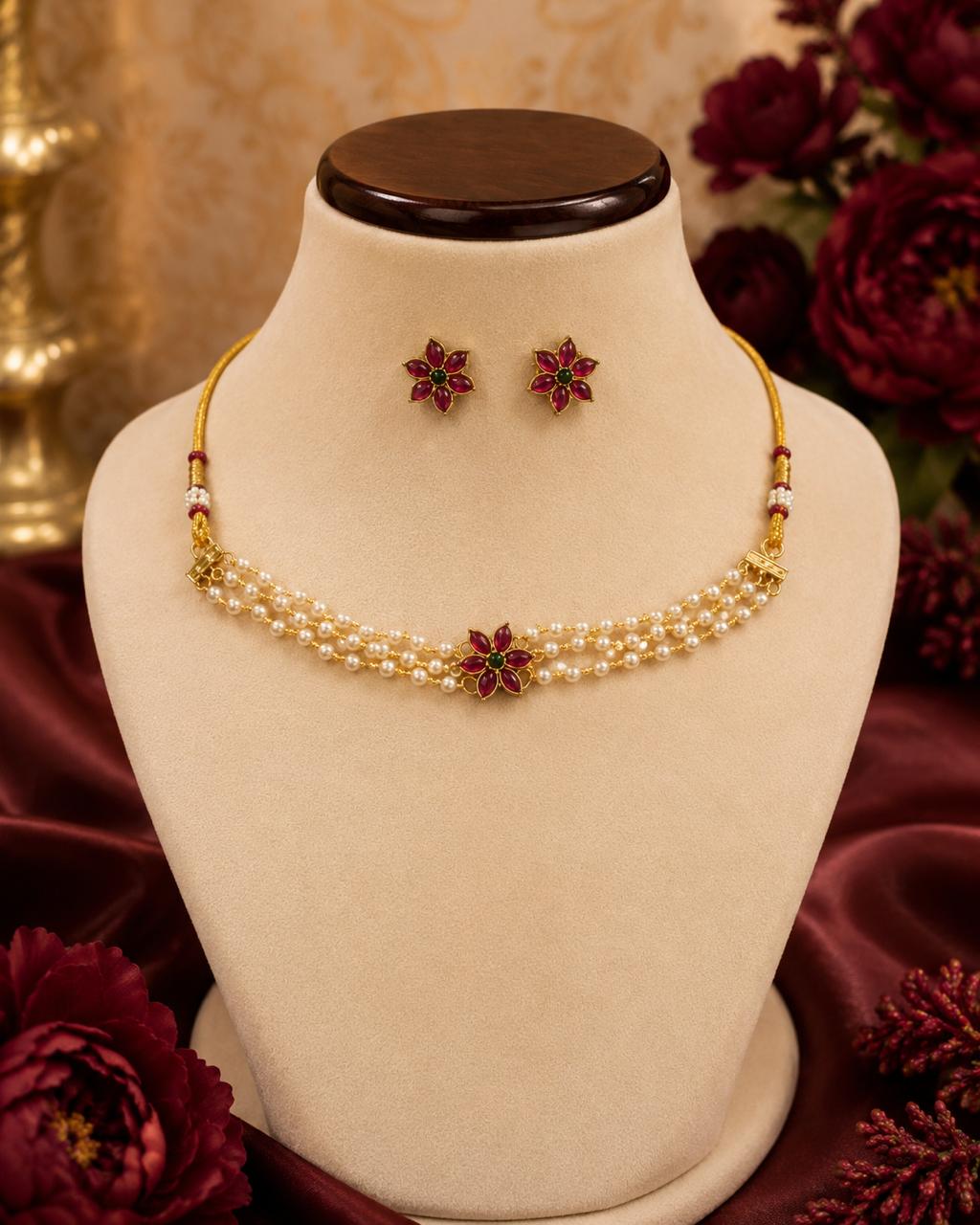 Elegant Temple-Inspired Pearl Choker Set