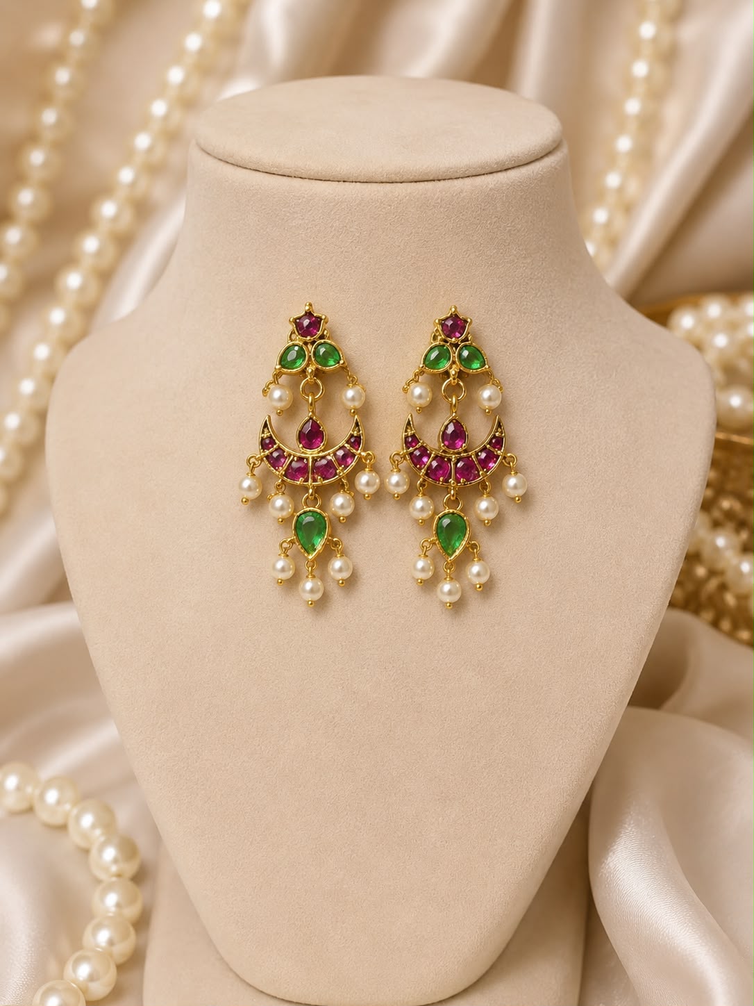 Ruby & Emerald Pearl Drop Earrings