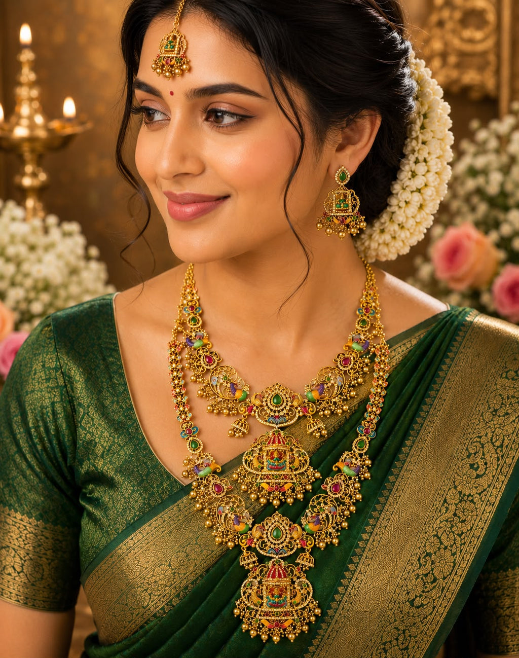 Traditional Lakshmi Peacock Combo Necklace Set with Papadi billa