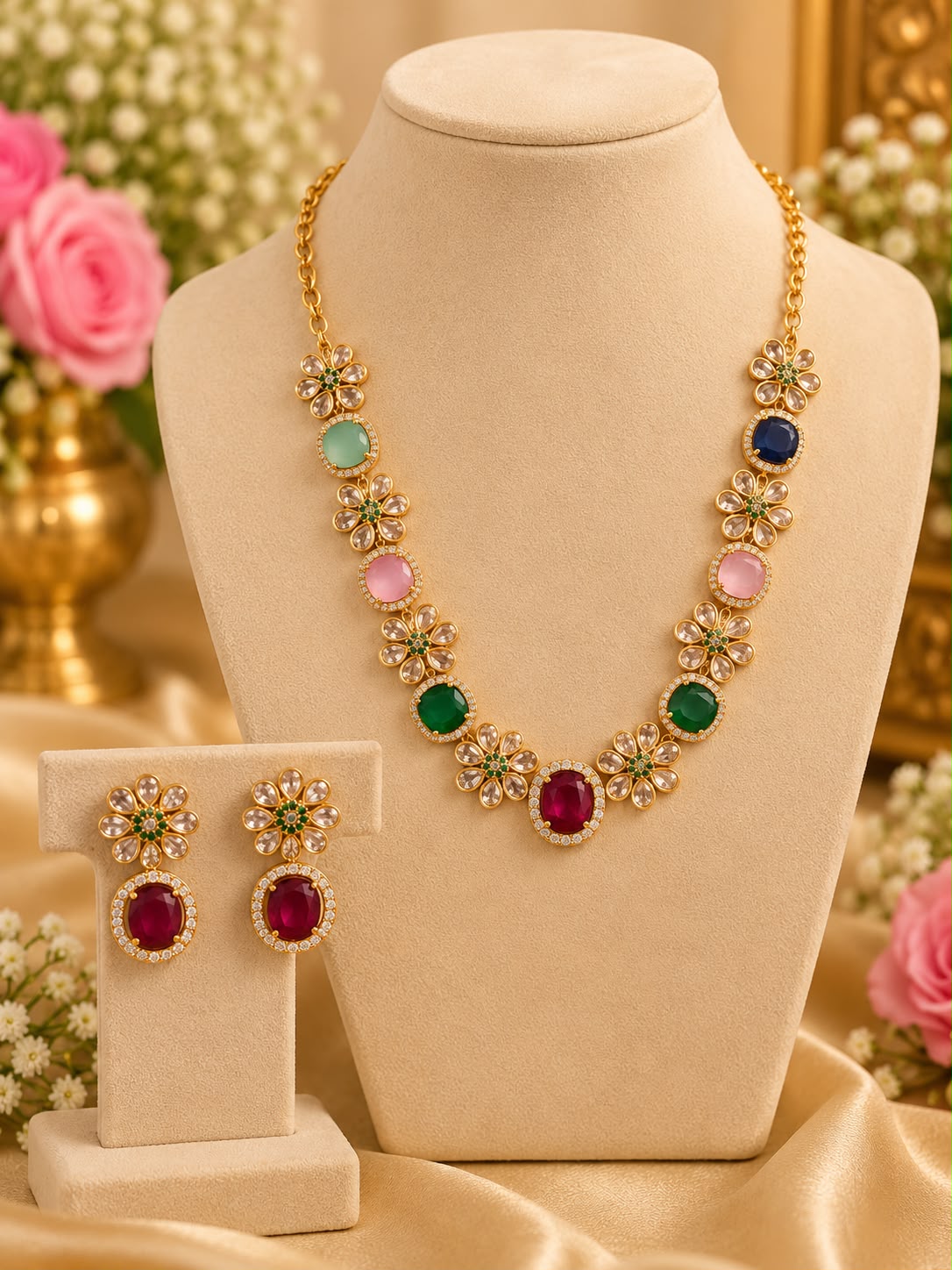 Multicolor Floral Gemstone Necklace Set with Ruby Earrings_NB_NS_97