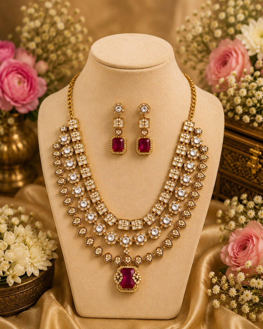 Elegant Ruby & CZ Layered Necklace Set
