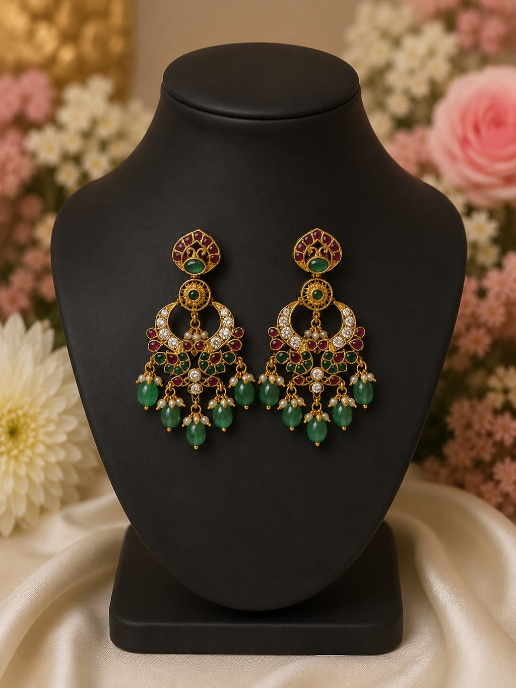 Traditional Ruby and Green Beaded Chandbali Earrings_1